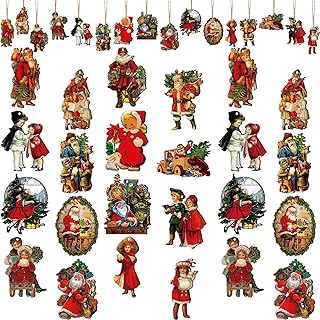Sawysine 48 Pcs Vintage Wooden Christmas Ornaments, Retro Xmas Decorations Bulk Santa Claus Hanging Ornaments for Christmas Tree(Cute Style)