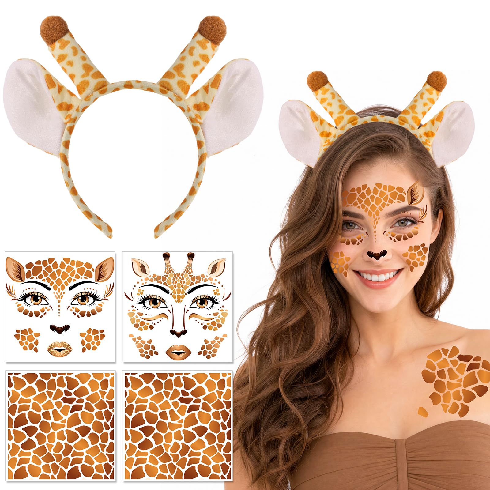 HOWAF Giraffe Headband & Halloween Face Tattoos Sticker, Animal Ears Headband for Giraffe Costume, Carnival Halloween Costume Women Men