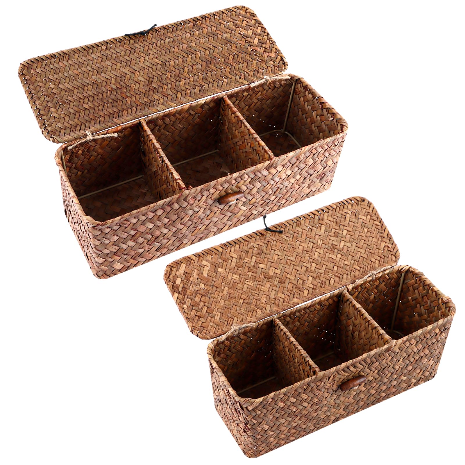 STARVAST Lot de 2 paniers de rangement rectangulaires en jonc de mer avec couvercle tressé naturel avec sections pour organiser les jouets à collation, les tampons