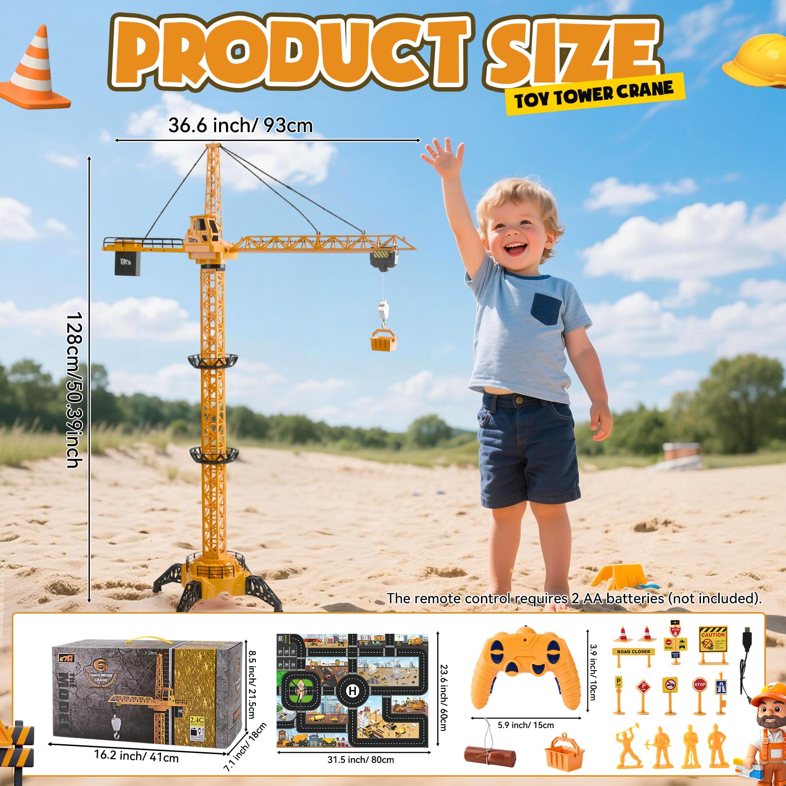 Grúa Torre Teledirigida 128 cm RC, 6 Canales 2.4 GHz 680° Rotación, Grúa de Construcción con Luces y Sonido, Juguete para Niños 3+ Años