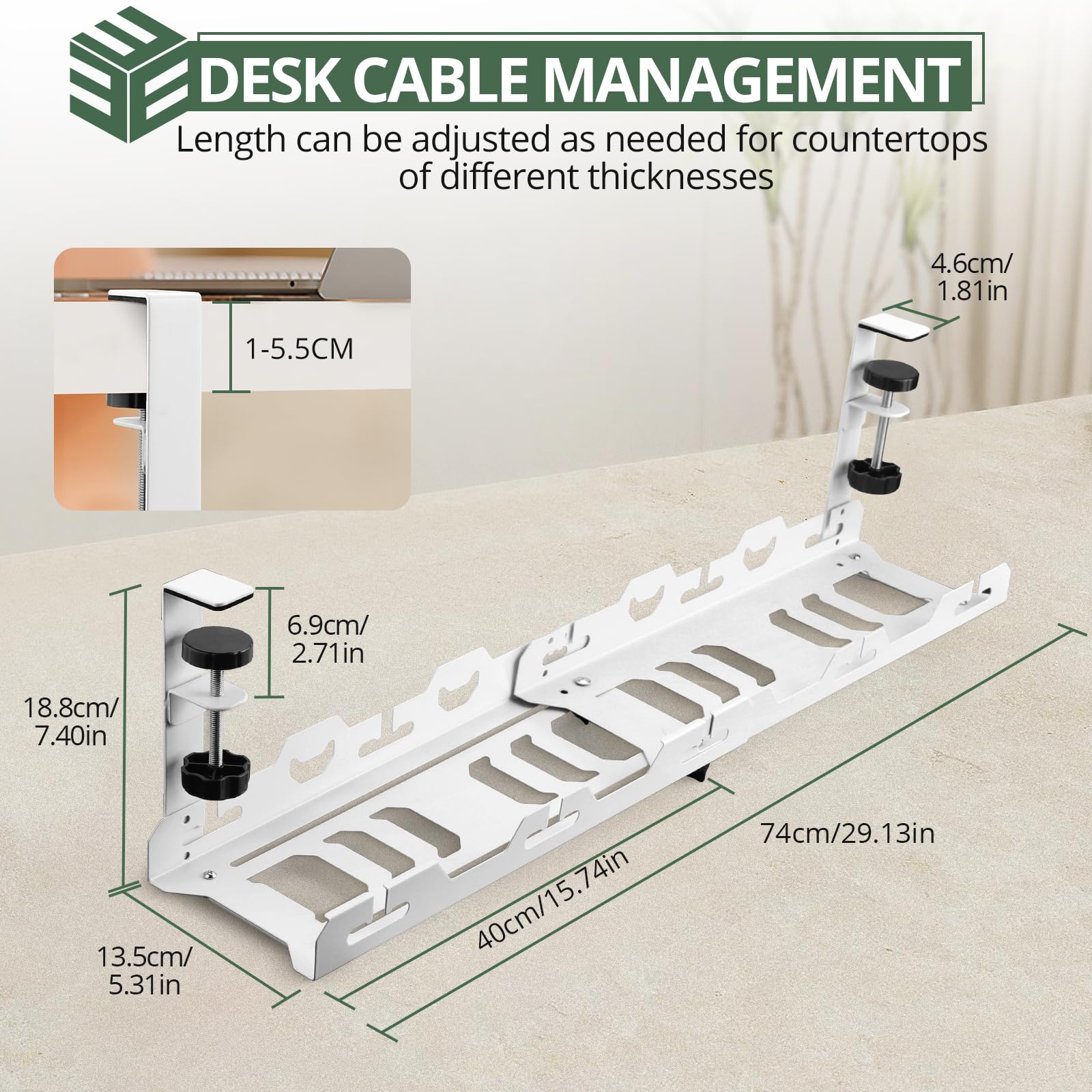 EYPINS Organizador de Cables para Debajo del Escritorio, sin Taladro, de 40-74cm, Retráctil, Resistente, de Acero al Carbono, Bandeja Cables Escritorio Blanco