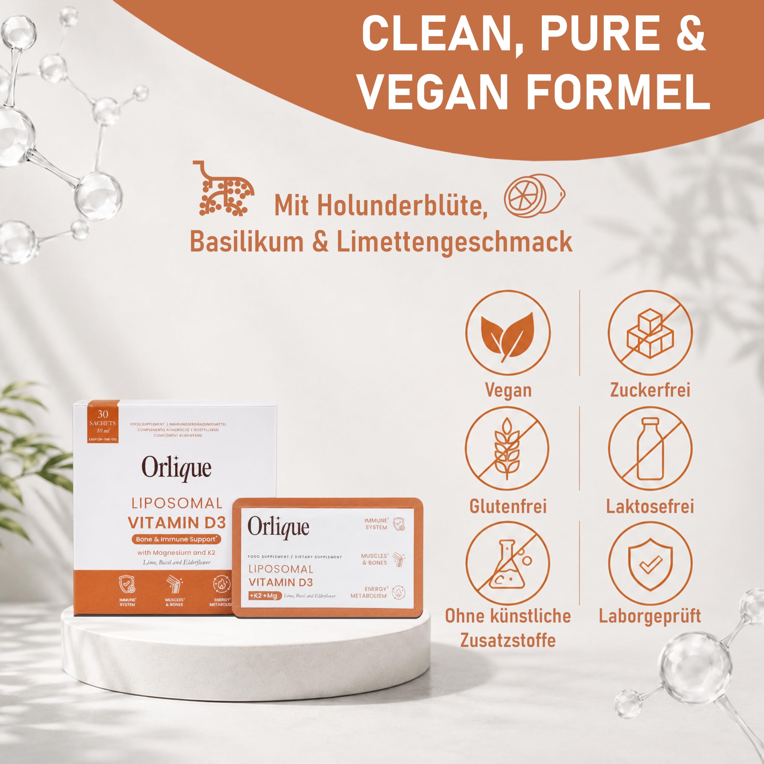Liposomales Vitamin D3 K2 Magnesium Flüssige - 30 Sachets - Hochdosiert 100 mcg Vitamin D3 pro Tag - 1 Monatsvorrat - Hohe Bioverfügbarkeit für Immunsystem, Knochen & Muskeln - Vegan & Lab Getestet