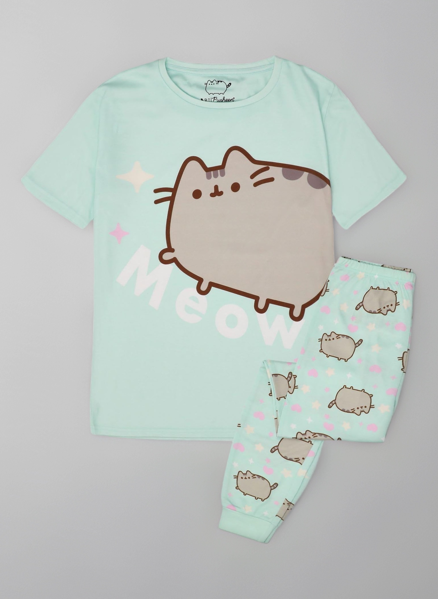 Pusheen Girls Pyjama Set | Green Loungewear Short Sleeve T-Shirt & All Over Print Long Leg Pants PJs For Kids | Internet Cat Meow Pyjama | Teens Cute Nightwear Merchandise Gift