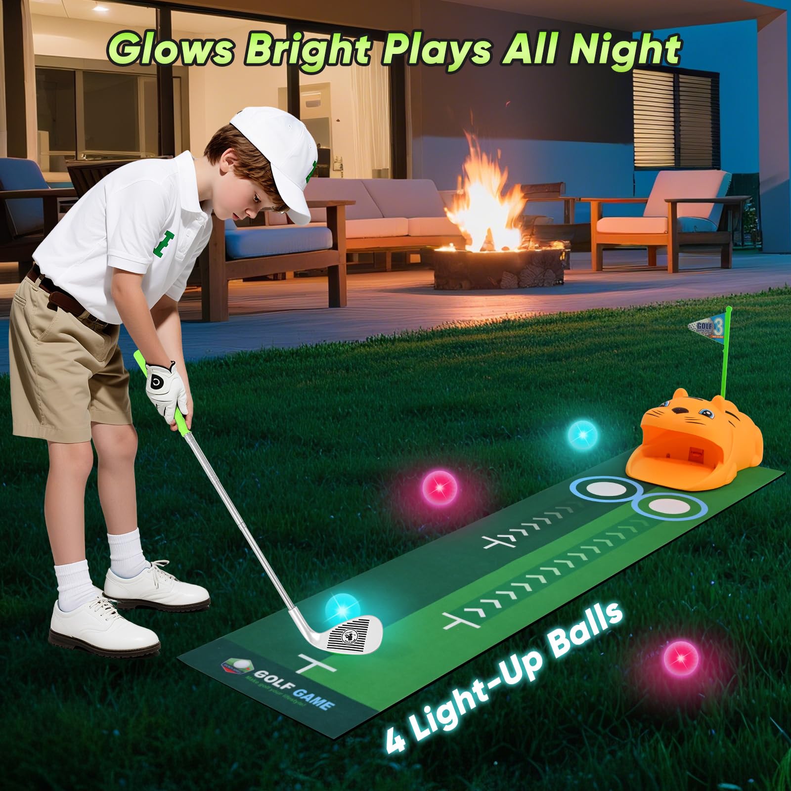 Coffret de Golf pour Enfants avec retourneur de balles Automatique et balles Lumineuses à LED | 18 pièces, Cadeau pour garçons et Filles de 3 à 8 Ans | Comprend des Clubs rétractables
