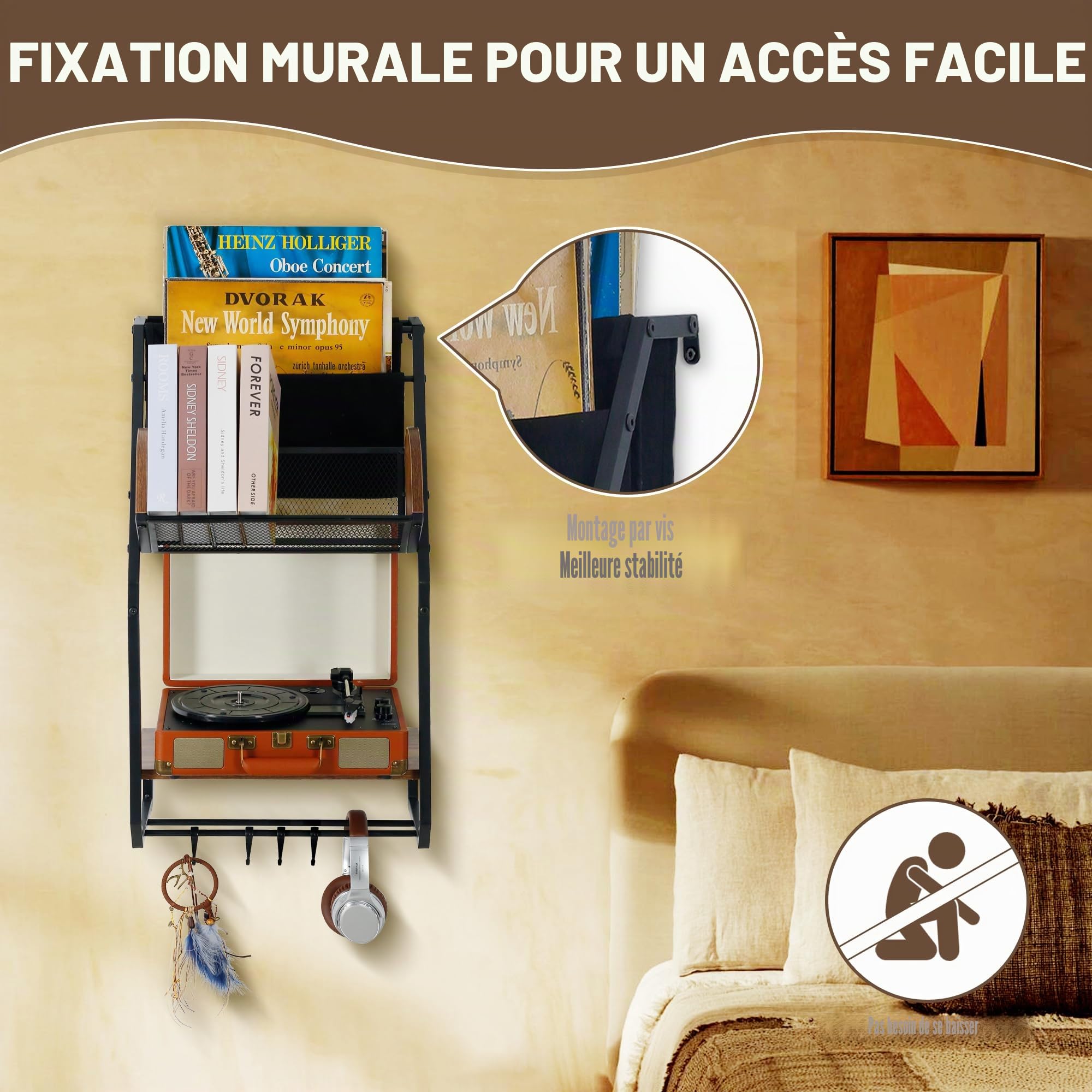 Plateau tournant moderne du milieu du siècle avec rangement en vinyle, support de tourne-disque, étagère de table pour albums, noir