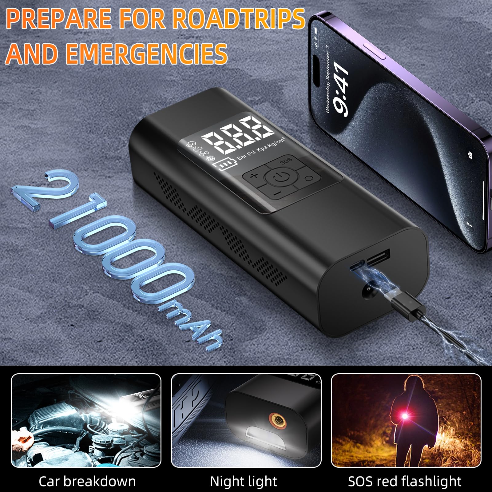 VINBYEE Pompa Aria Portatile Senza Fili Per Auto – 20L/min, 150 PSI – Con Manometro LED E Luce Emergenza – Accessorio Per Modelli Tesla - 3