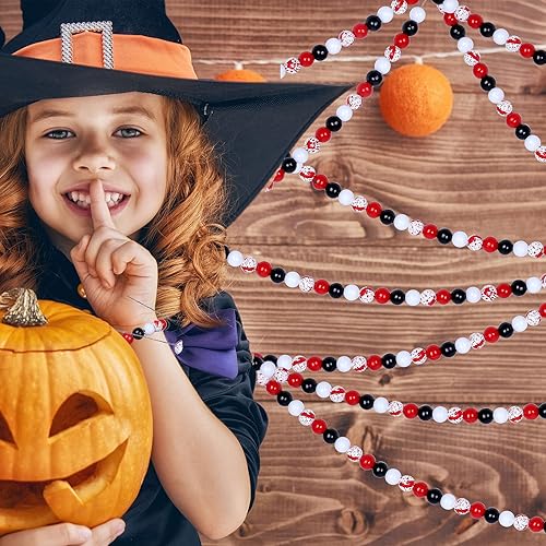 Miniatura 7 de Whaline Juego de 150 cuentas de madera de Halloween, cuentas focales de madera rojas, negras y blancas, cuentas de madera con salpicaduras de
