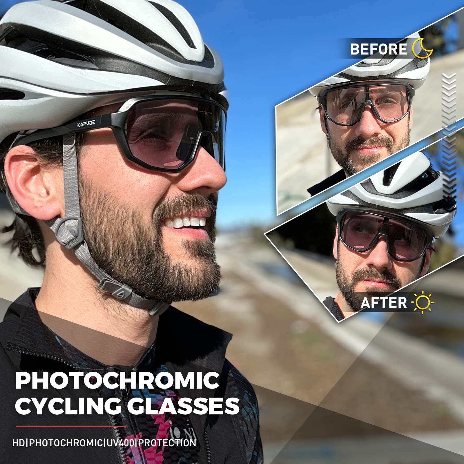 KAPVOE Gafas de Ciclismo Fotocromáticas para Hombres y Mujeres, Gafas de Sol para Bicicleta de Montaña, Gafas Deportivas, Protección UV K63