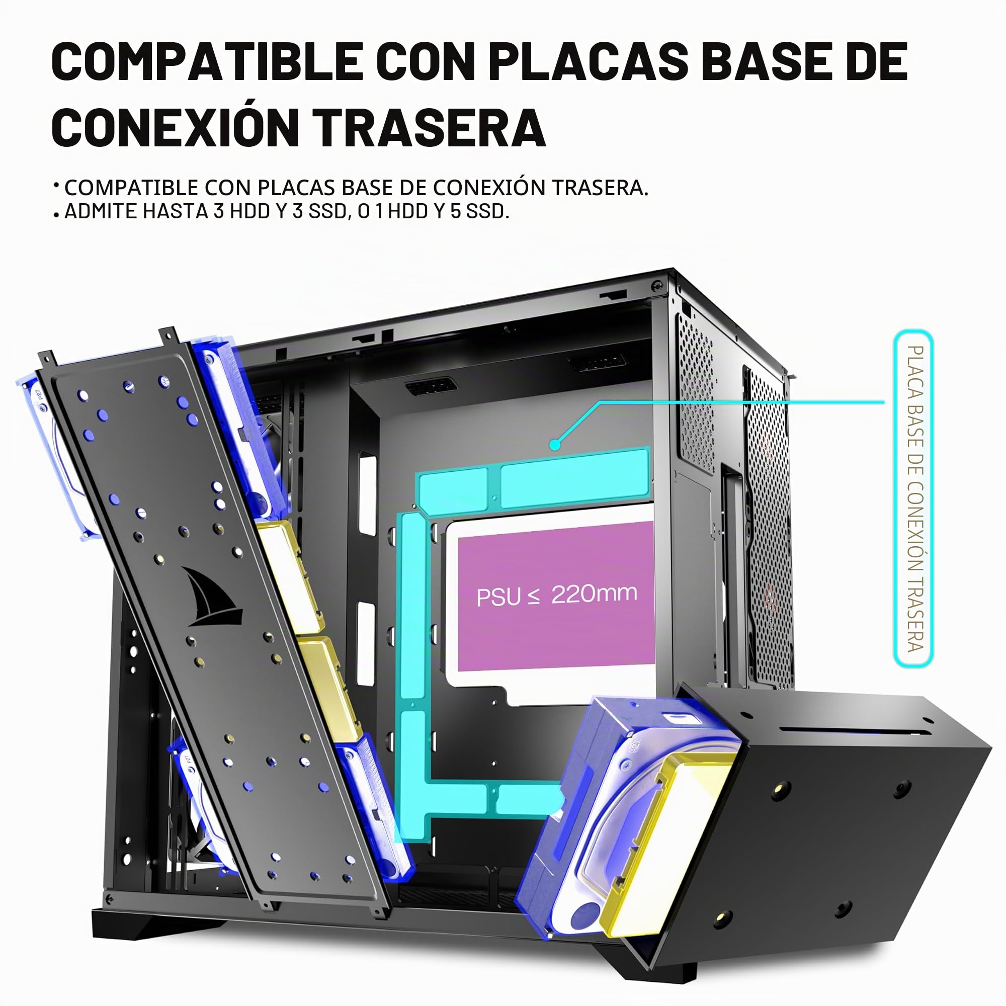 KEDIERS - Caja de ordenador con 5 ventiladores preinstalados, caja de juego ATX Mid Tower - Caja de ordenador con parte lateral abierta de cristal templado negro