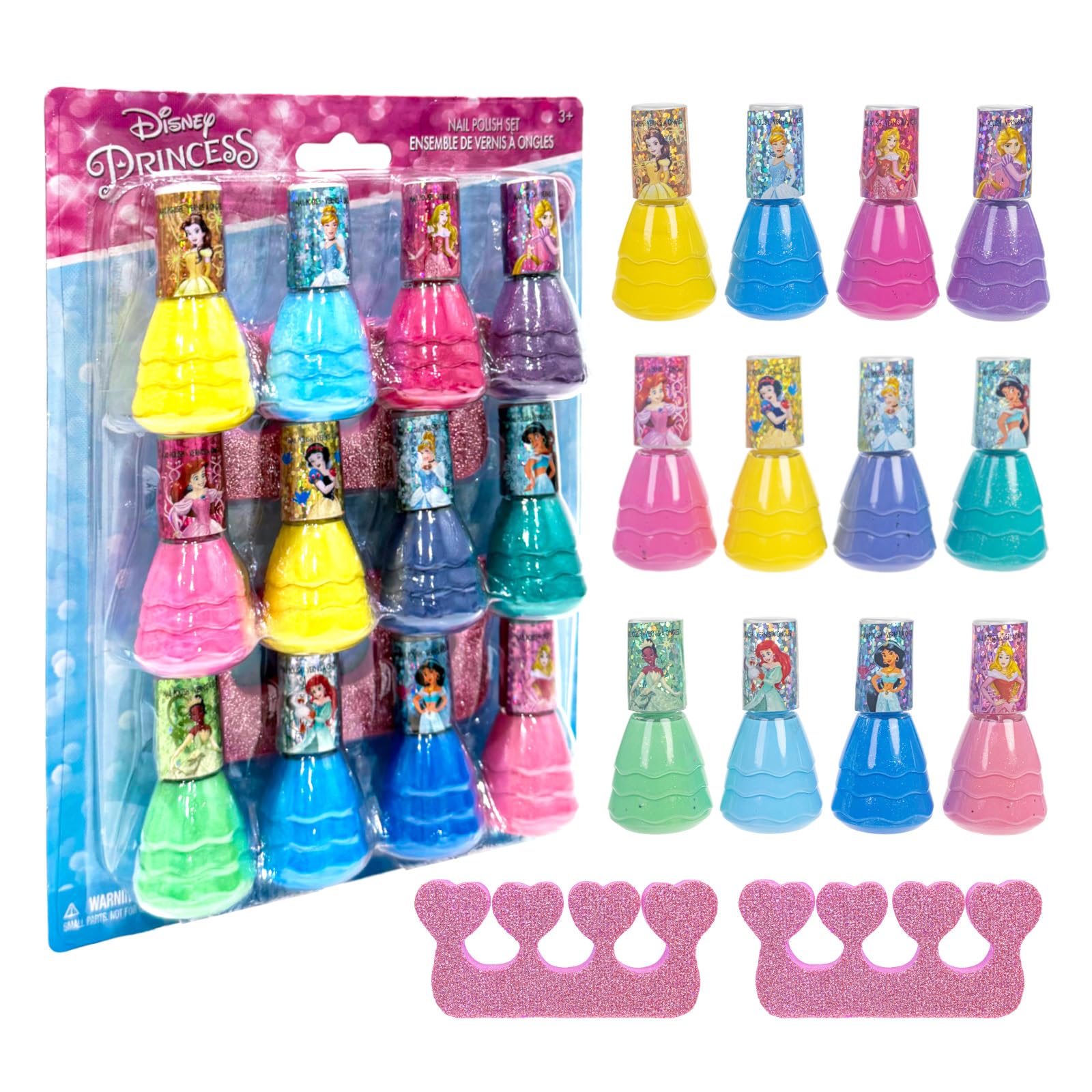 Townley Girl Disney Princess Water Based Peel Off Quick Dry Nail Polish with Nail Separators Gift Kit Set for Kids Girls 14 Pc Set Perfect for Parties, Sleepovers and Makeovers