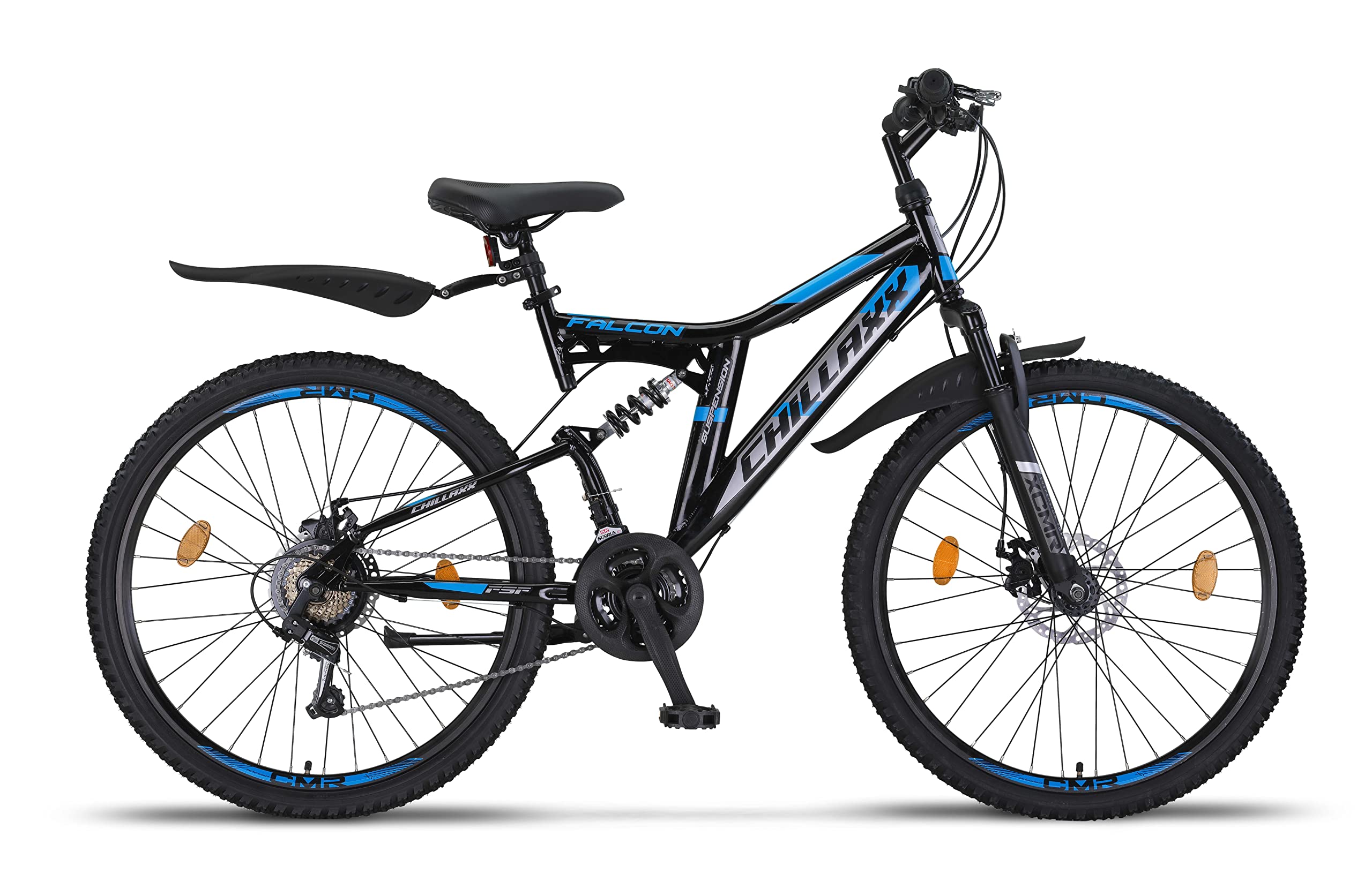 Chillaxx Bike Falcon Premium Mountain Bike da 24,26,27.5 e 29 pollici, bicicletta per ragazzi, ragazze, uomini e donne, freni a disco, cambio a 21 marce, sospensione completa