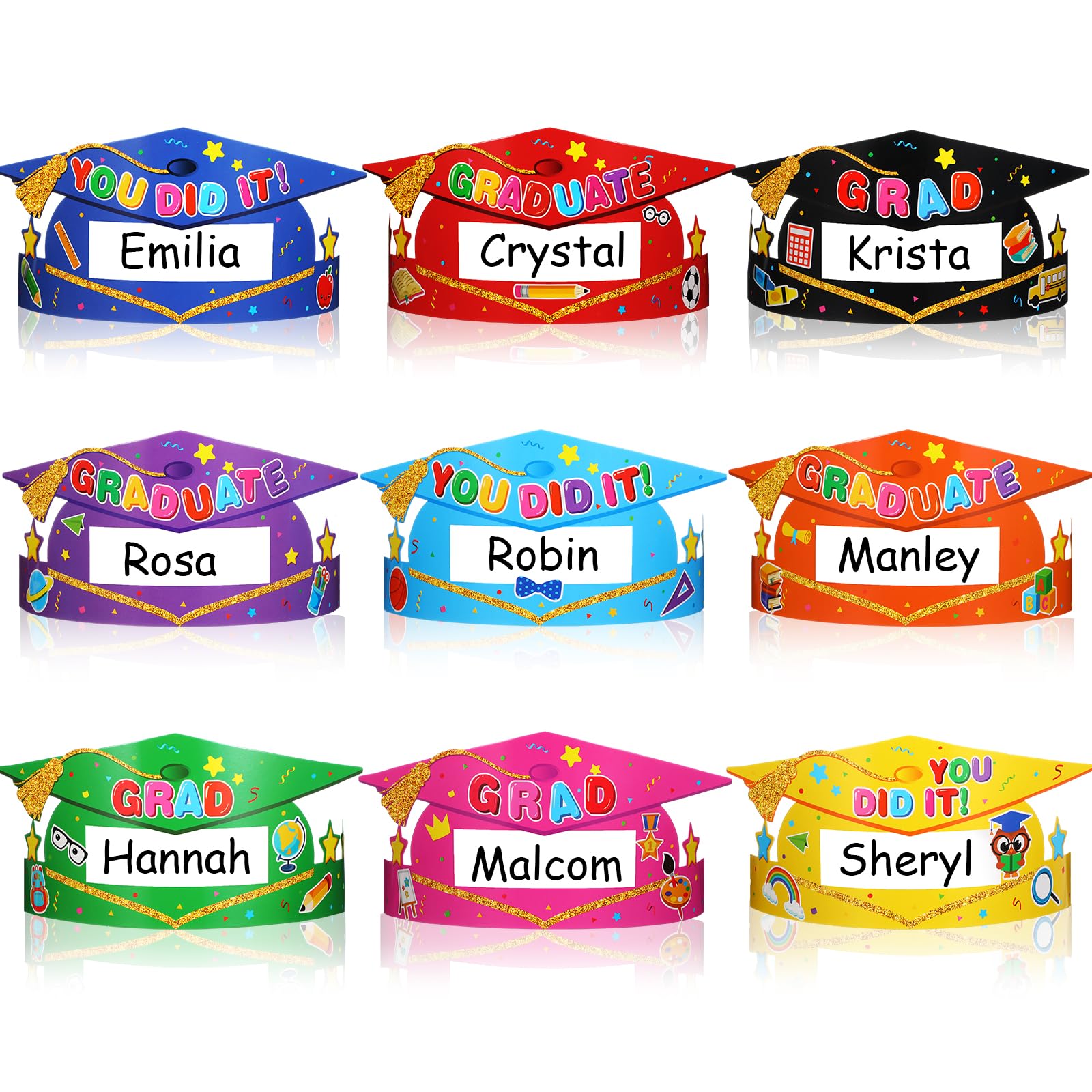 Faccito 36 Pieces Paper Graduation Caps Bulk Preschool Grad Crowns Name DIY Paper Hats for Boys Girls Kindergarten Preschool Primary School Graduation Party Favors Decorations Supplies, 9 Styles