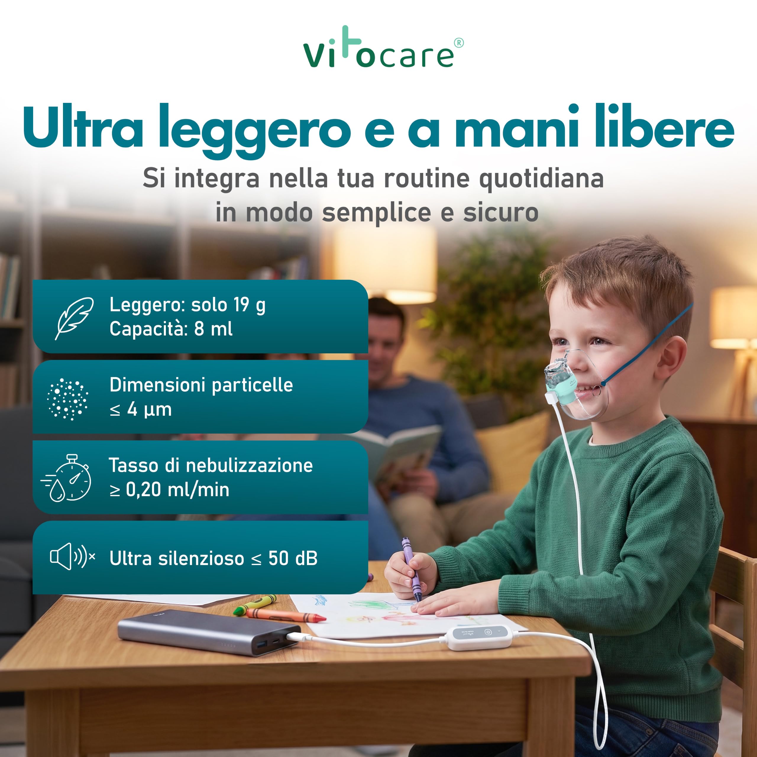 Nebulizzatore per adulti e bambini – vitocare VITOAIR Go 2.0, inalatore ultraleggero con 2 misure di maschera, USB-C e USB, portatile