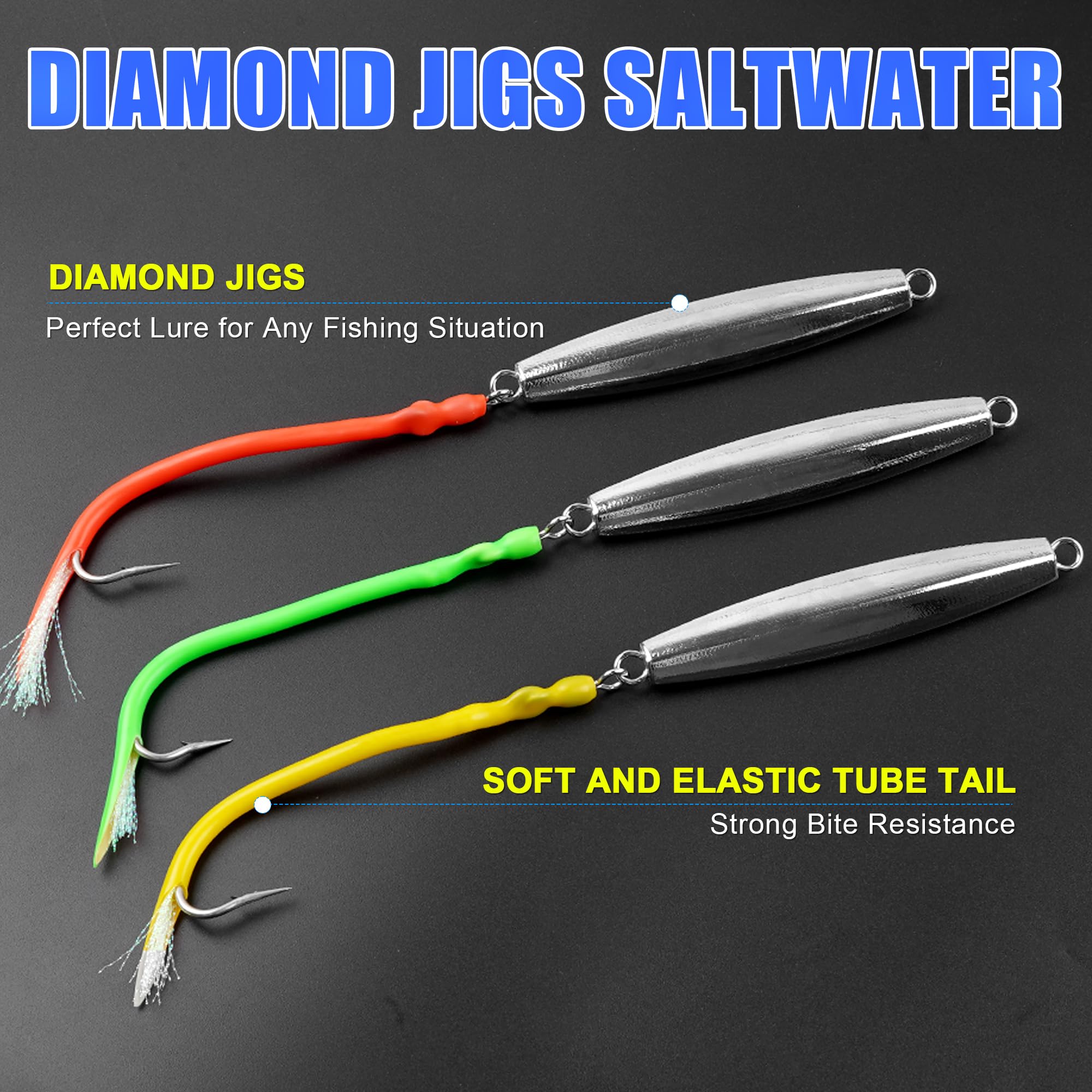 Diamond Jigs, esche da pesca in acqua salata, cucchiaio da jigging con coda a tubo diviso, gancio in acciaio inox, esche per pesca in mare profondo, offshore, pesca sul fondo