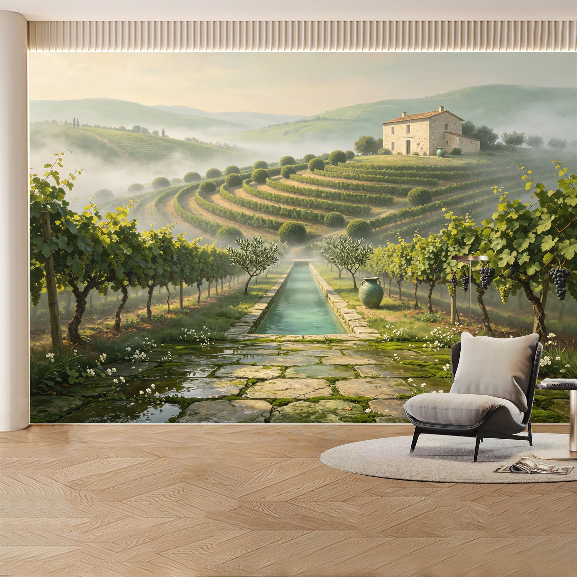 Custom Wall Mural Wallpaper Vineyard Countryside Landscape Nature Large Wall Art Wall Decor Rustic Misty Mediterranean Removable SelfAdhesive Large Photo for Living Room， Bedroom， Office