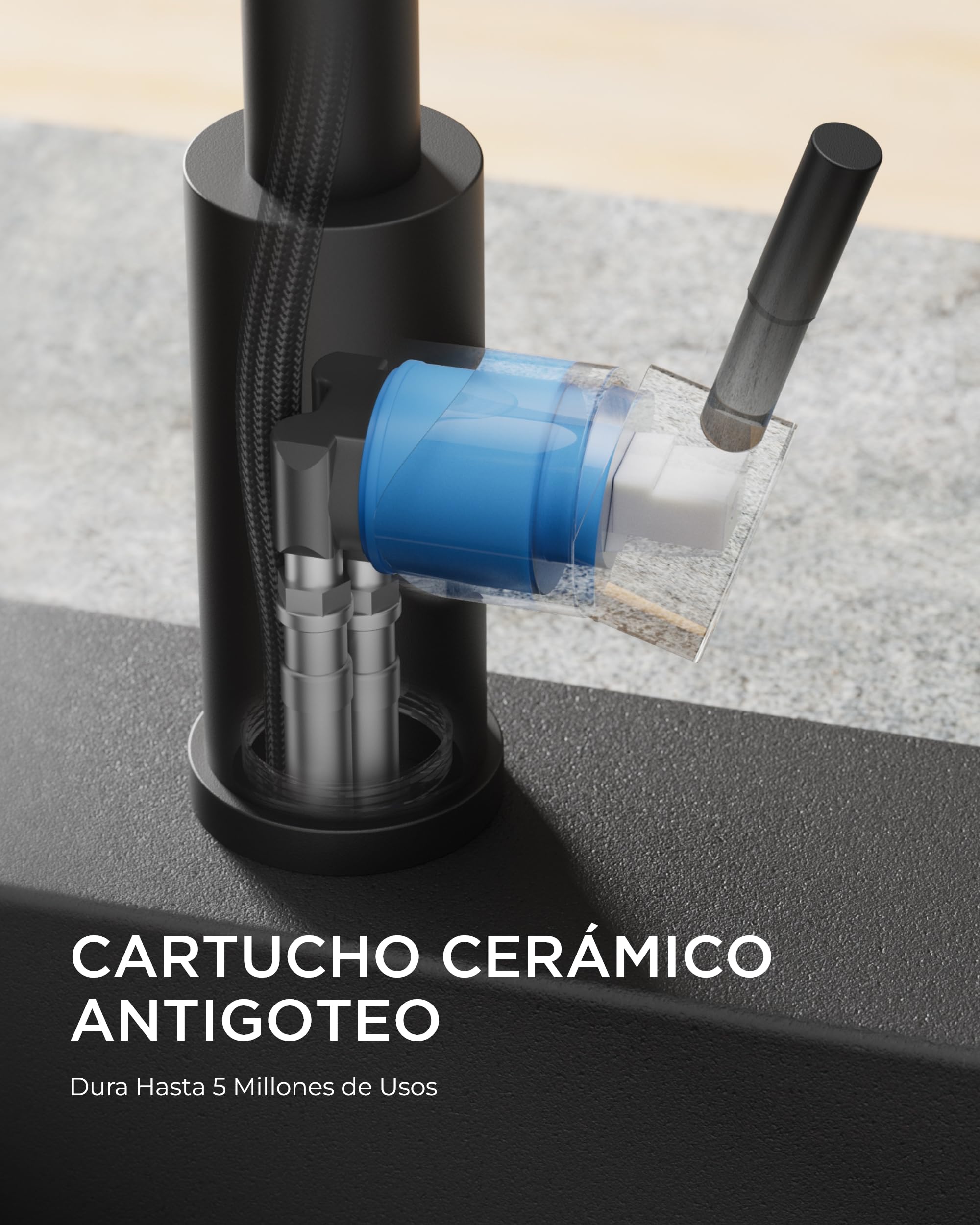 FORIOUS Grifo Cocina Negro, Grifo Cocina Extraible de Alta Presión Torneira Cozinha Giratorio 360°, Monomando Acero Inoxidable con 3 Modos de Pulverización
