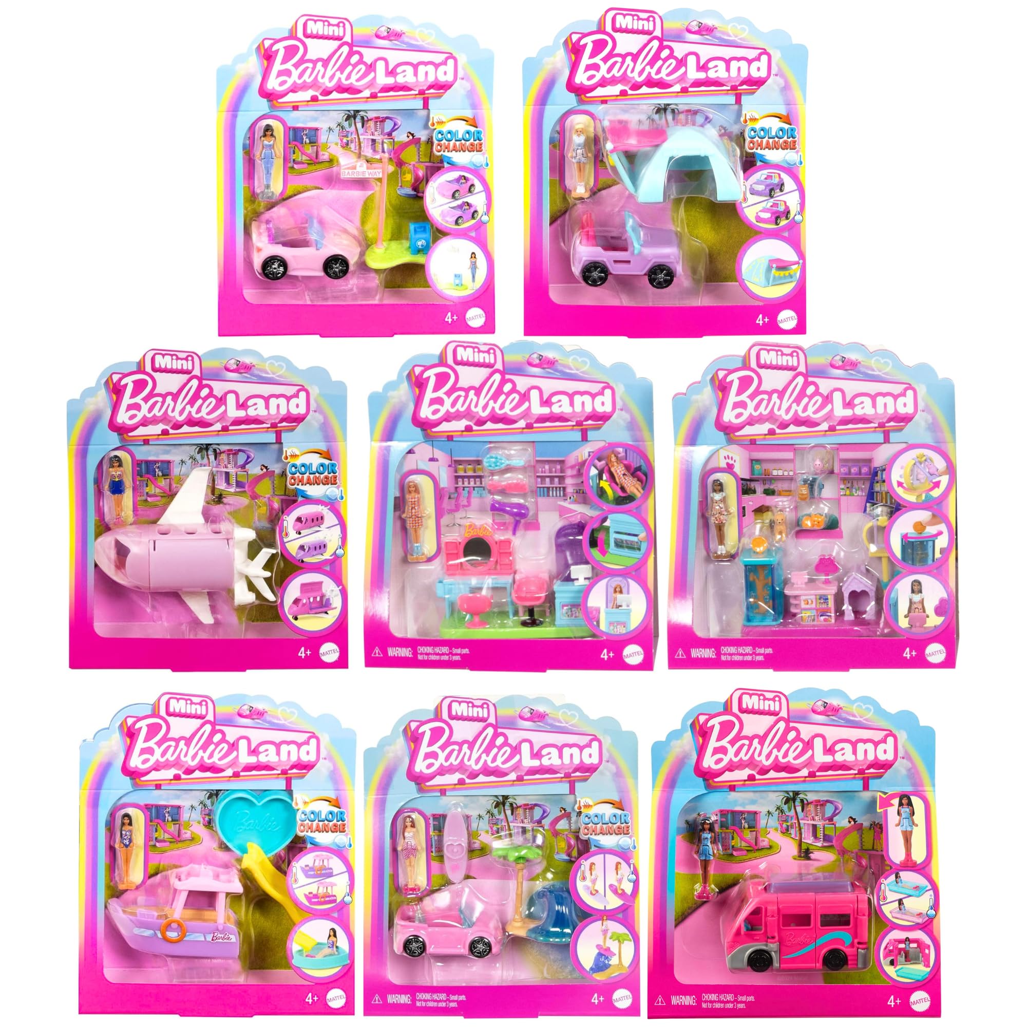 Barbie Mini Land Playsets Doll & Toy Vehicle Sets Bargain Bundles - (8 Piece Bundle)