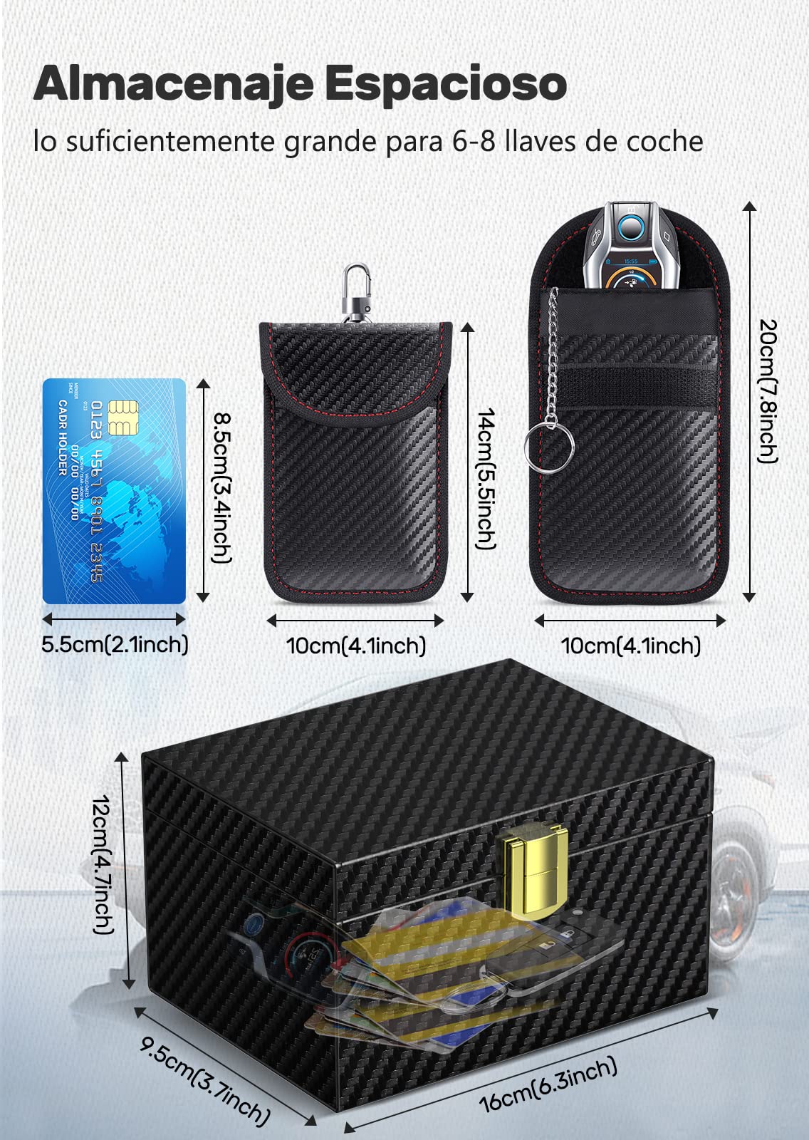 Caja Faraday Antirrobo & 2 funda Faraday para Llaves de Coche, Bloqueadora de RFID Bloqueo Señal Llaves Keyless en Cuero Fibra de Carbon Negro