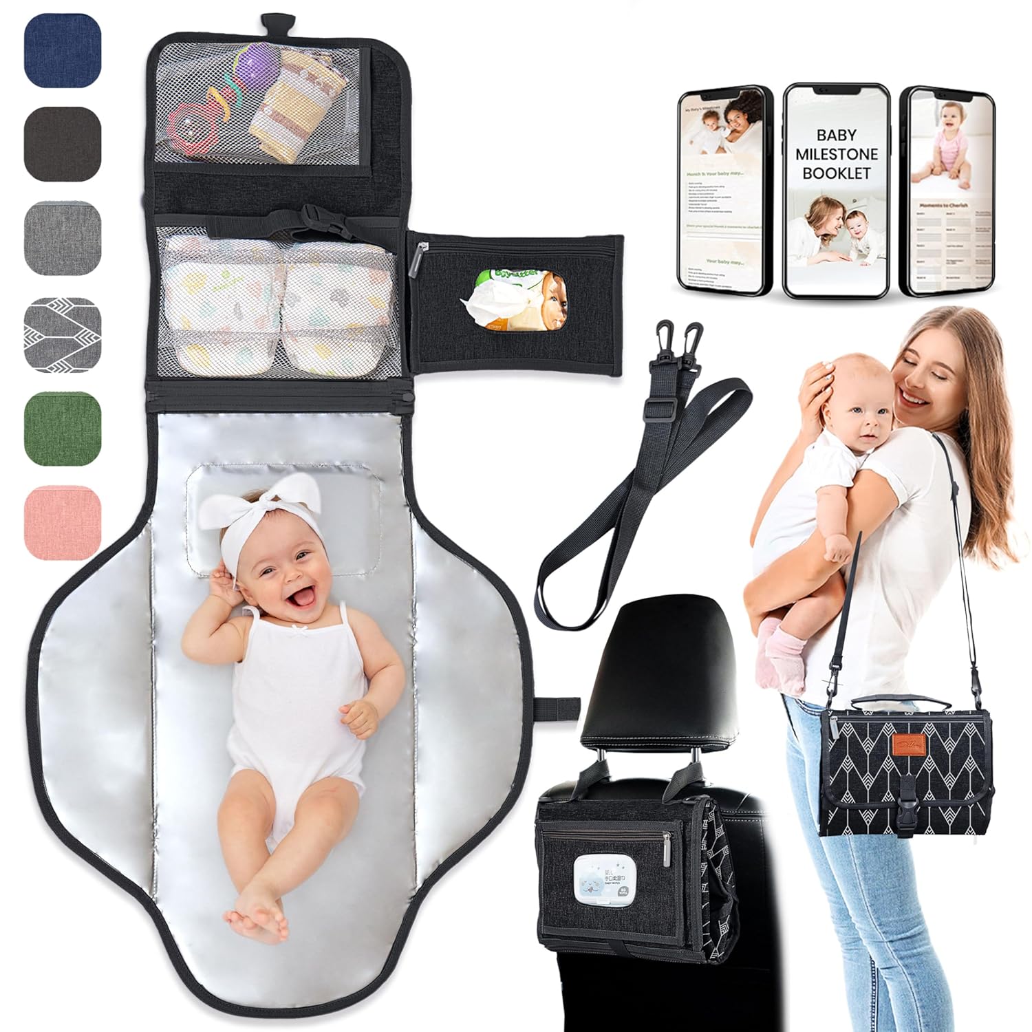 Pillani Portable Changing Pad - Travel Diaper Changing Mat, Waterproof, Foldable & Detachable Station with Baby Wipes Pockets