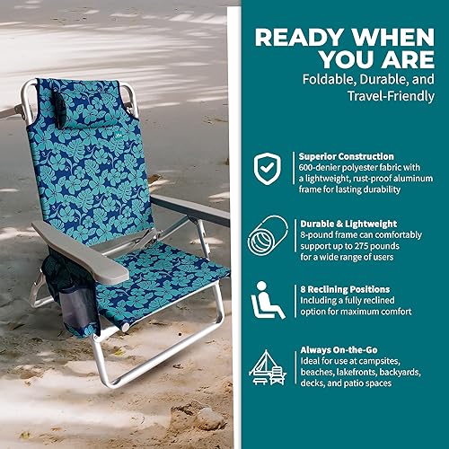 Vista 86 de Bliss Hammocks BBC-350-BF Silla de playa plegable, 5 posiciones reclinables, bolsa enfriadora desmontable, flor azul