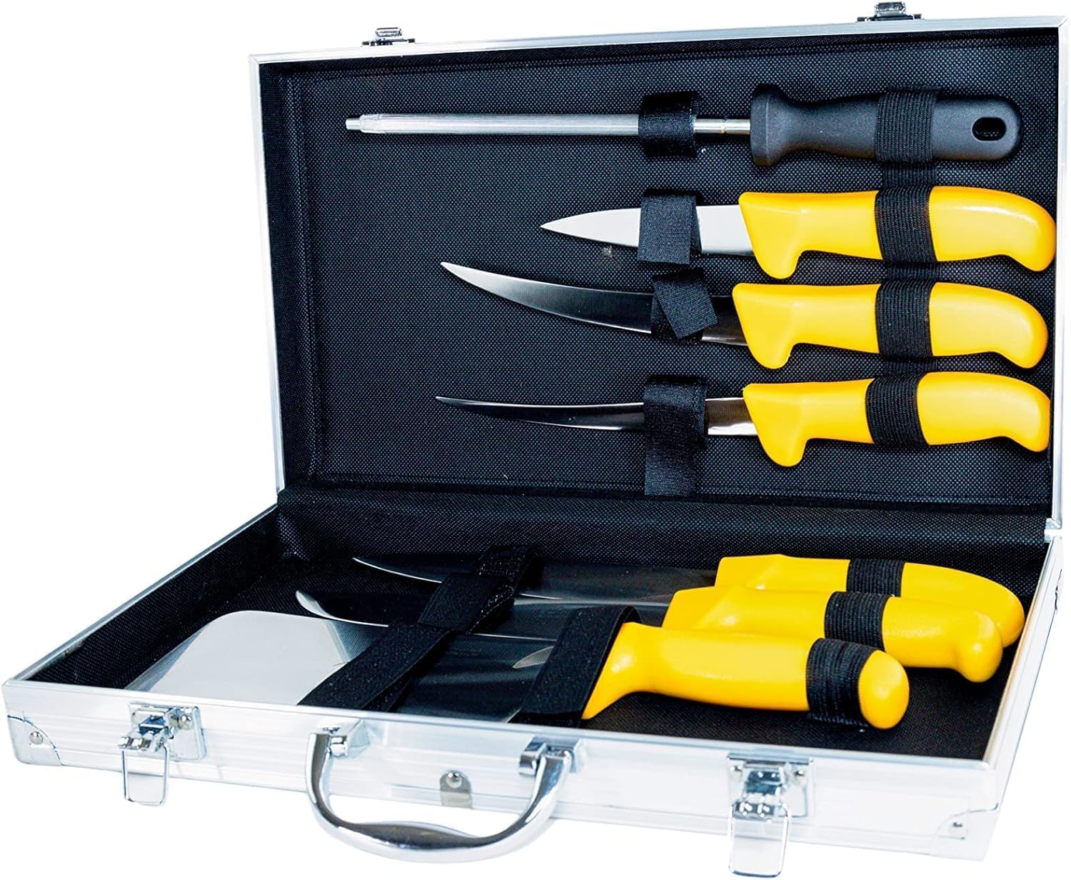 Pradel Excellence - PCOT005009 - Mallette Couteaux de Boucher 8 Pièces - Gamme Authentique - 5 Couteaux + 1 Couperet + 1 Fusil d’Affûtage - Lames Inox - Manches Polypropylène - Lave-Vaisselle