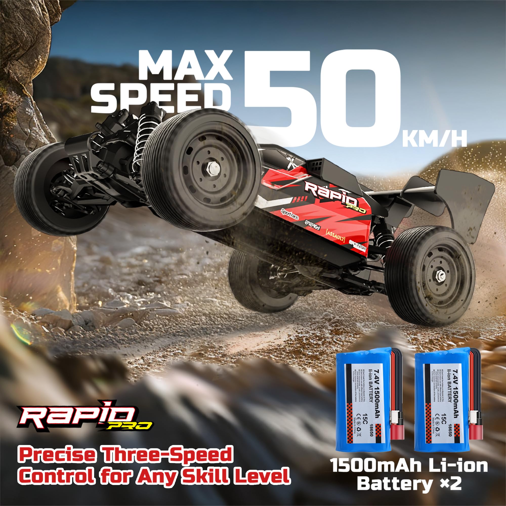 DEERC Ferngesteuertes Auto 1:16 Bürstenloser Motor 50 km/h, 2WD Schnelles Offroad Auto mit 2 Akkus & LED-Licht, RC Auto für Erwachsene und Kinder, Geschenk zu Weihnachten und Geburtstag
