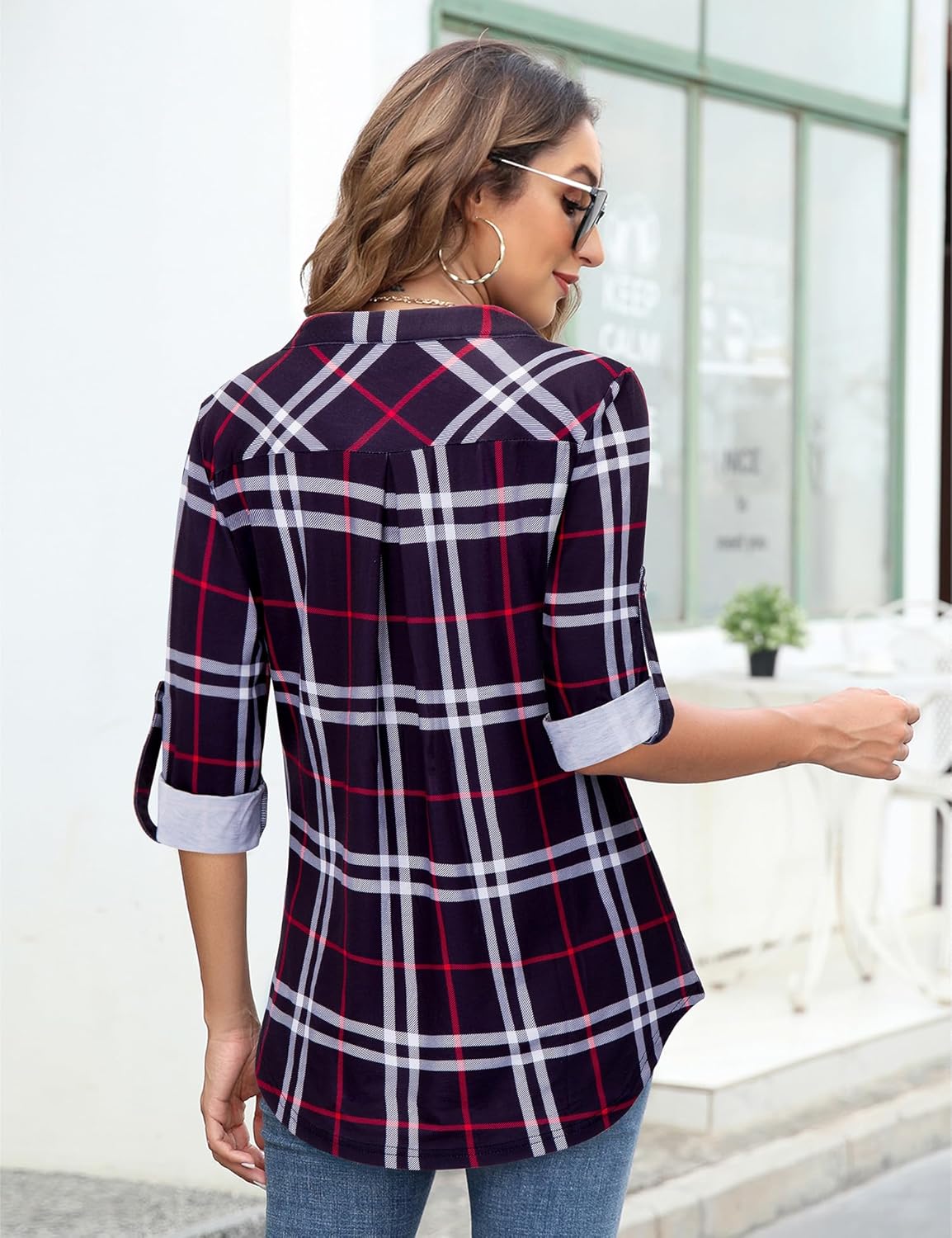 Bulotus Women's Zip Front V-Neck 3/4 Sleeve Tunic Casual Top Black Plaid X-Large