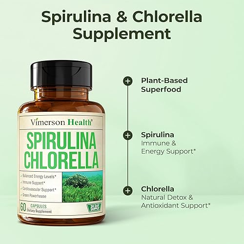Miniatura 5 de Cápsulas orgánicas de espirulina y clorella, cápsulas de espirulina con polvo de clorella para apoyo inmunológico, antioxidante y energético.