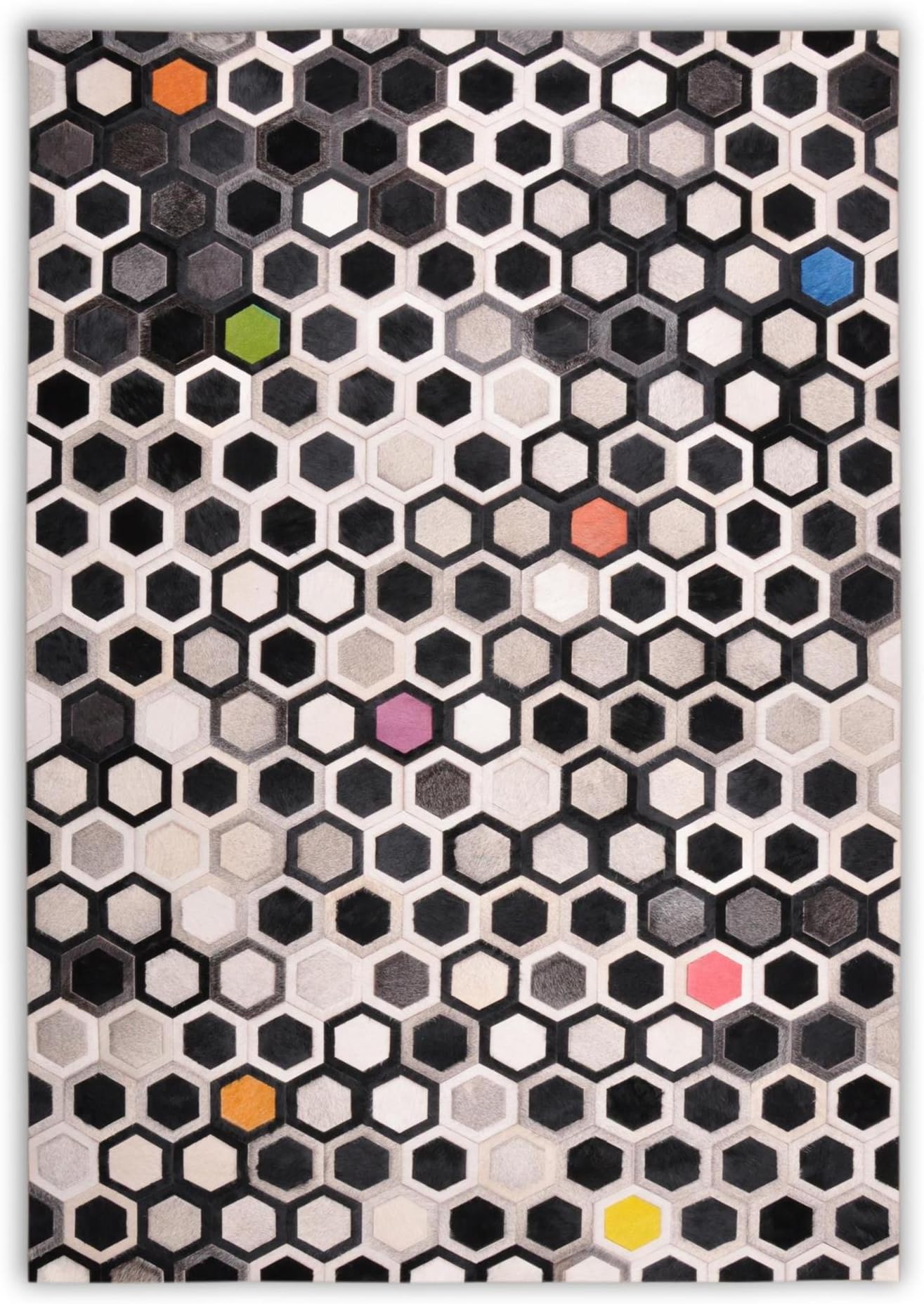 Five Grain Cowhide Patchwork Rug W120 x L180 cm Black/White/Grey Colour Accents Hexagon Glued Seamless