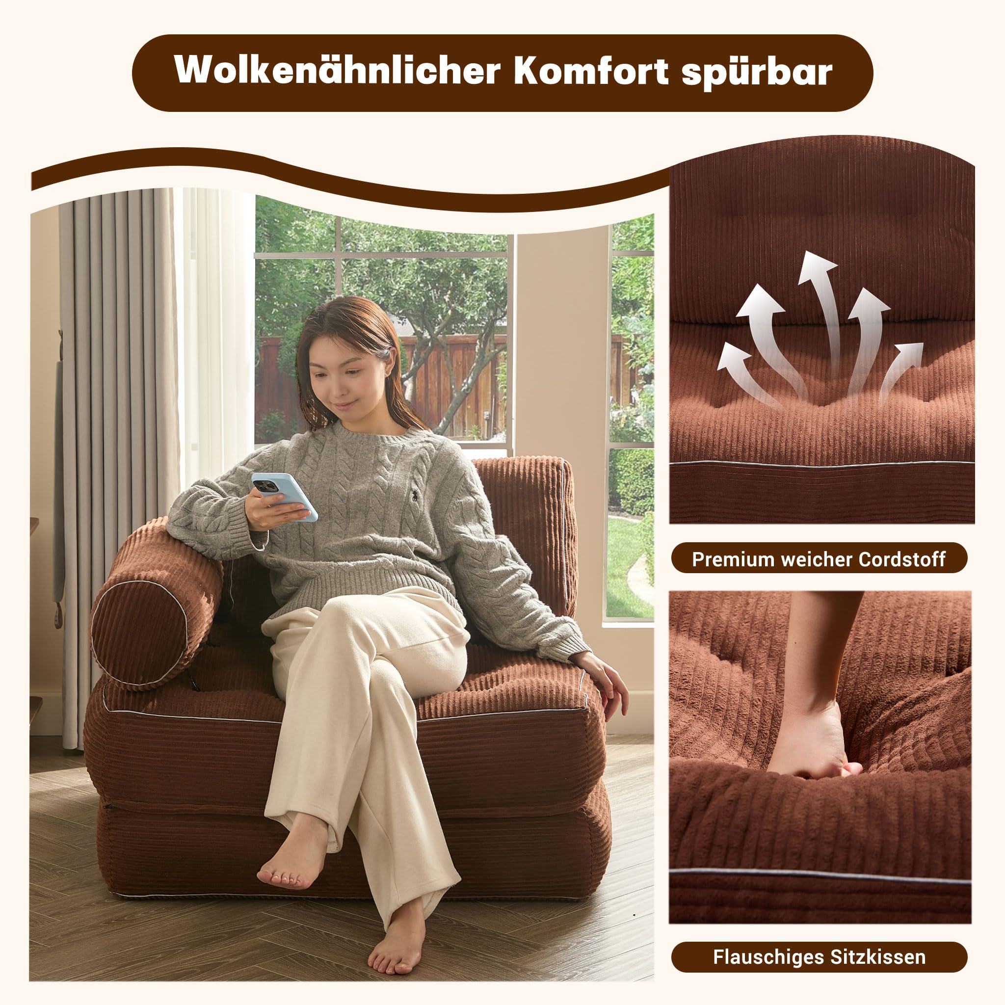 Faltbares Schlafsofa – Sitzsack-Sofa, Relaxsessel, Spielsofa, Schlafsofa & Gästebett für kleine Räume, Sessel fürs Schlafzimmer & Wohnzimmer (Braun, 89.9 cm)