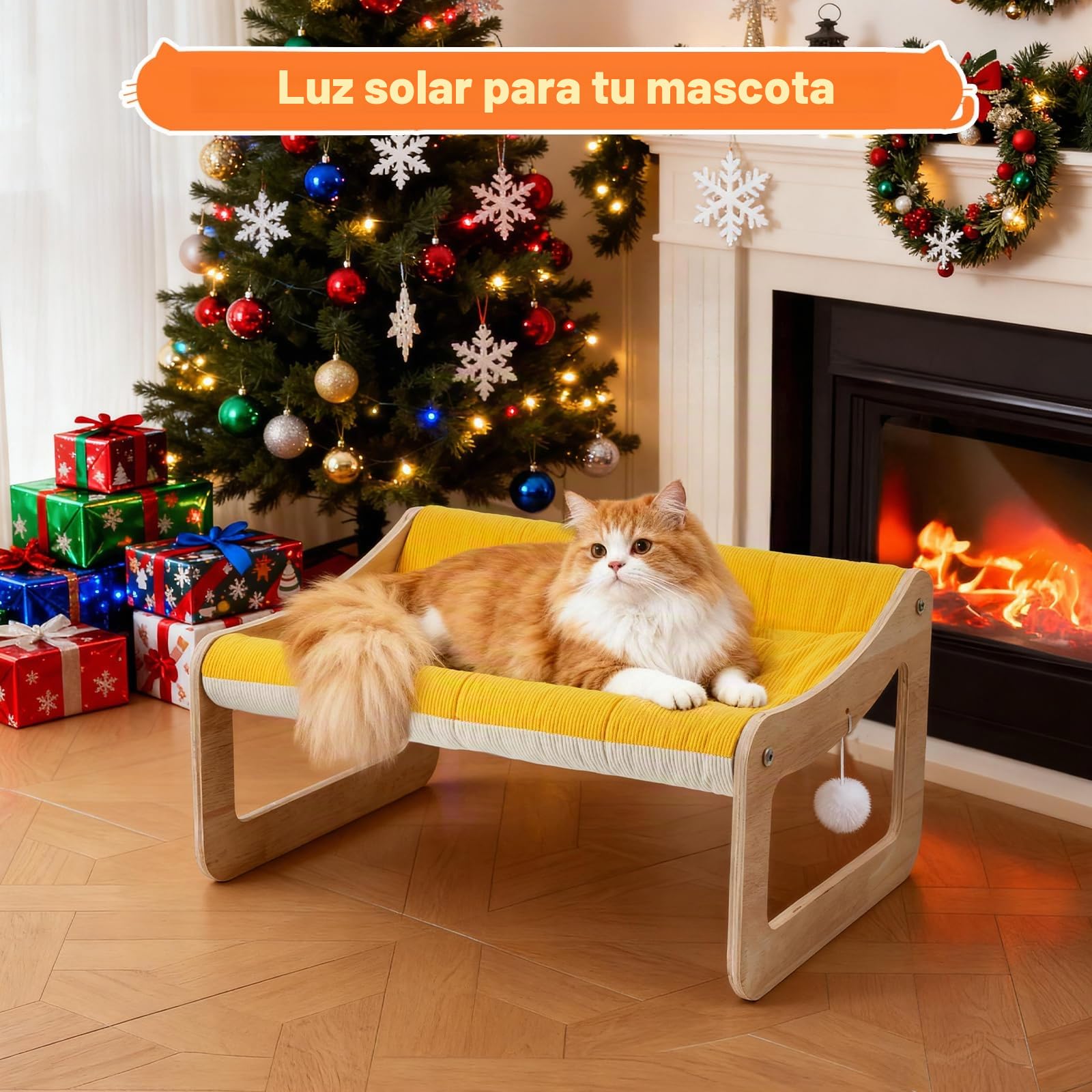 Cama elevada para gatos de madera, sofá para gatos amarillo sol, 53 x 40 cm, silla de gato moderna con funda de colchón extraíble, soporta hasta 15 kg
