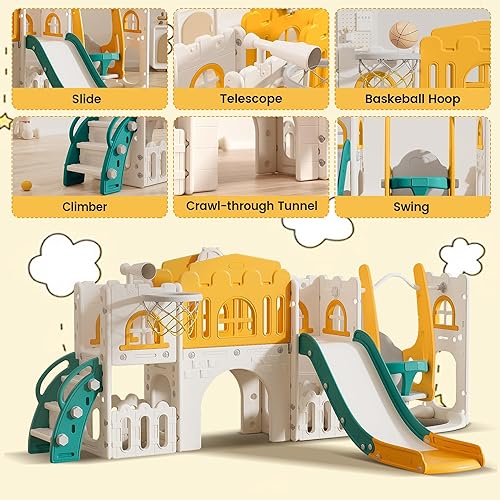 Miniatura 3 de Tobogán 10 en 1 para niños pequeños, de 1 a 3 años con columpio, aro de baloncesto y telescopio, tobogán para niños pequeños, juego para interiores