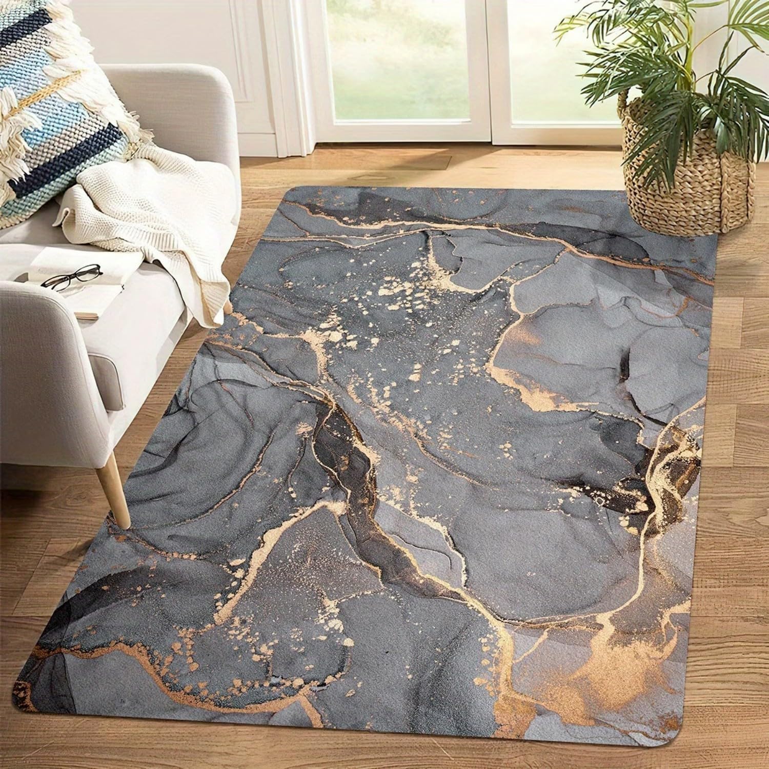 USHIRUG Grey and Gold Area Rug, 160x230cm Modern Abstract Ink Liquid Floor Carpet for Living Room, Luxury Marble Agate Rug for Lounge Bedroom Decor, Washable Non-Slip Durable Carpet Floor Mat