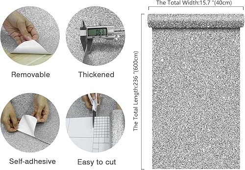 Miniatura 2 de Papel tapiz de contacto con purpurina plateada de 15.7 x 236 pulgadas, papel tapiz autoadhesivo con purpurina plateada, rollo de papel de pared