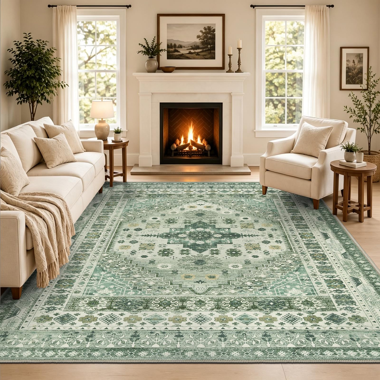 Capslpad Washable Rugs Living Room 160x230cm Distressed Vintage Area Rugs Non-Slip Traditional Oriental Bedroom Carpet Low Pile Thin Floor Mat Rug for Dining Room Kitchen Office Decor, Sage Green — image 1