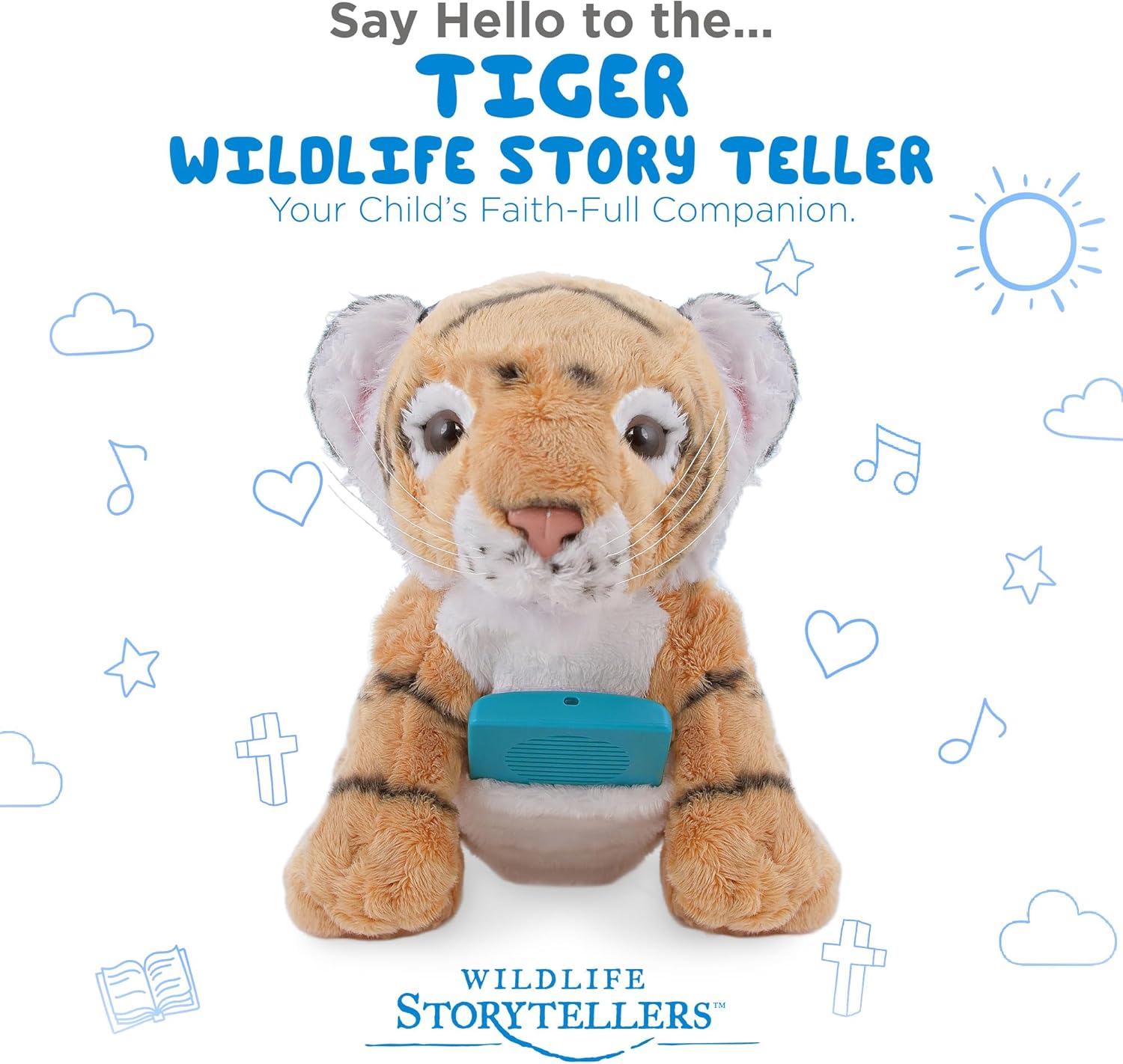 Bible for Young Children Collection + Soothing Sounds for Ages 3-7 MegaVoice Solar Powered Audio Bible Player with MircoSD Card Slot and Plush Tiger Wildlife Storyteller with Pocket for Player