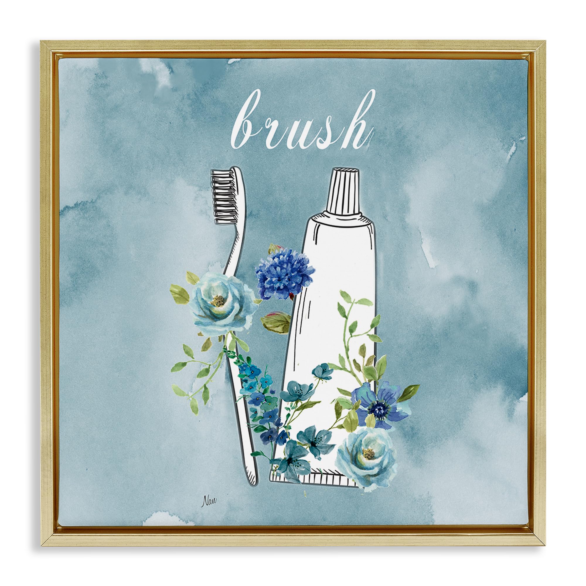 Stupell Industries Metallic Gold (Matte) 'Floral Bathroom Rules Brush'| Floating Frame Canvas Art