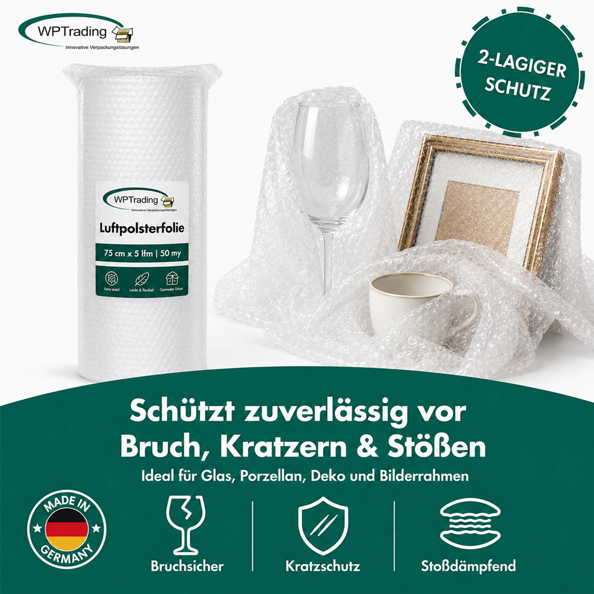 9 x Rolle Luftpolsterfolie 75 cm x 5 m (2-lagige mit 50 my) - Noppenfolie 75cm breit mit Noppenhöhe 5 mm - Stoßdämpfende Verpackungsfolie reißfest & transparent für Versand & Umzug