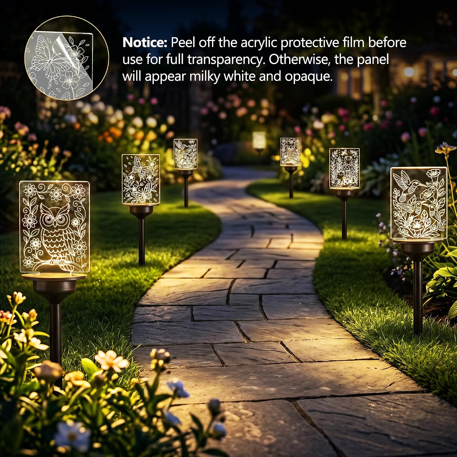 ODEETRONIC Solar Garden Lights, 4 Pack Solar Pathway Lights with Butterfly Frog Hummingbird Owl Pattern, Outdoor Landscape Lighting, Waterproof Acrylic Garden Stake Light for Yard Walkway, Warm White