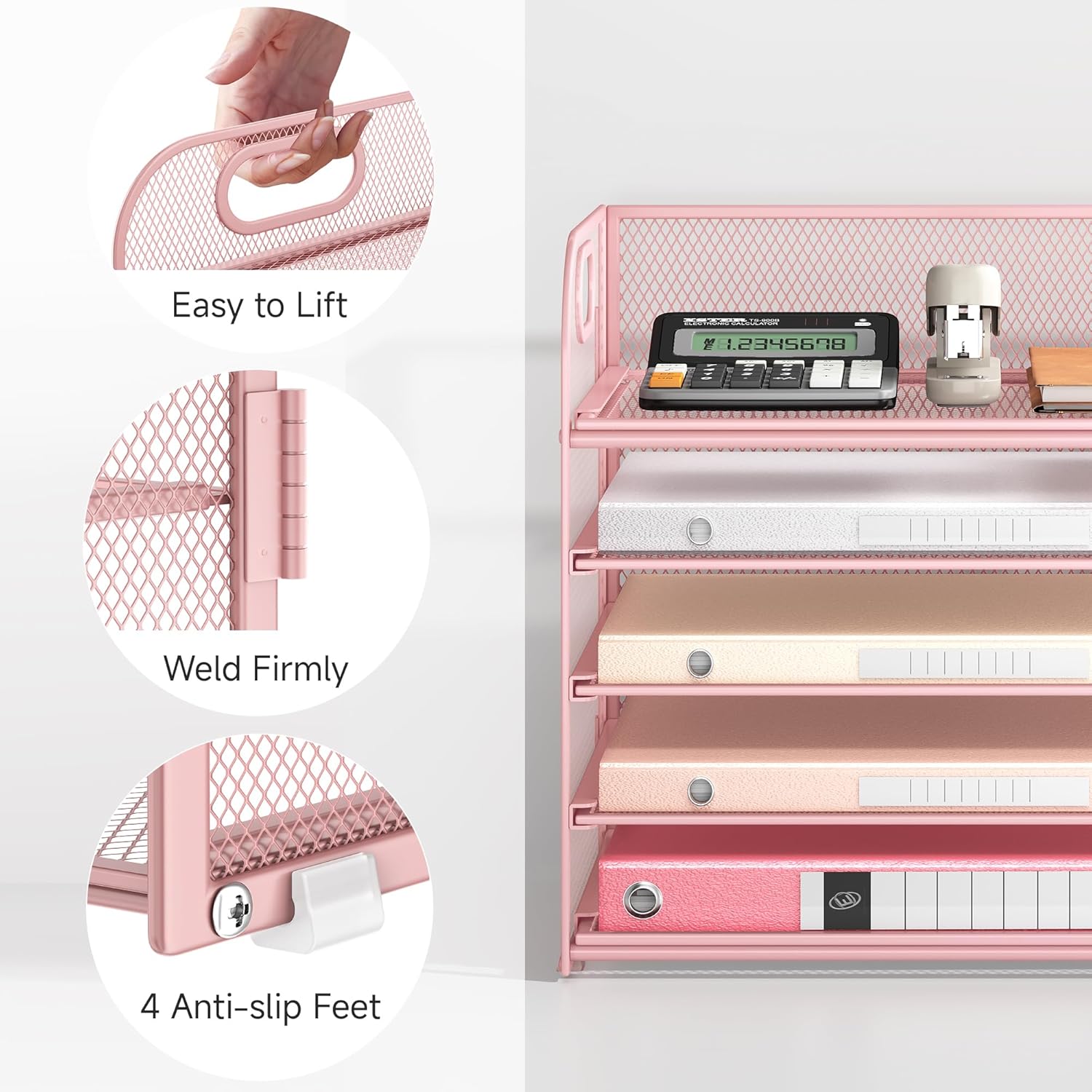 5 Tray Paper Organizer Letter Tray with Handle - Mesh Desk File Organizer, Paper Sorter Organizer for Office, Home or School File Folder Holder - Pink - Image 3