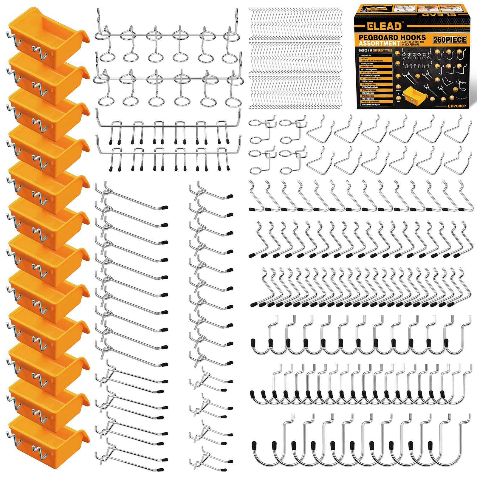 ELEAD 260 Piece Pegboard Hooks 1/8 and 1/4 inch peg Board Organizer Accessories with Pegboard Bins for Organizing Various Tools in The Garage Kitchen Bathroom Craft Room