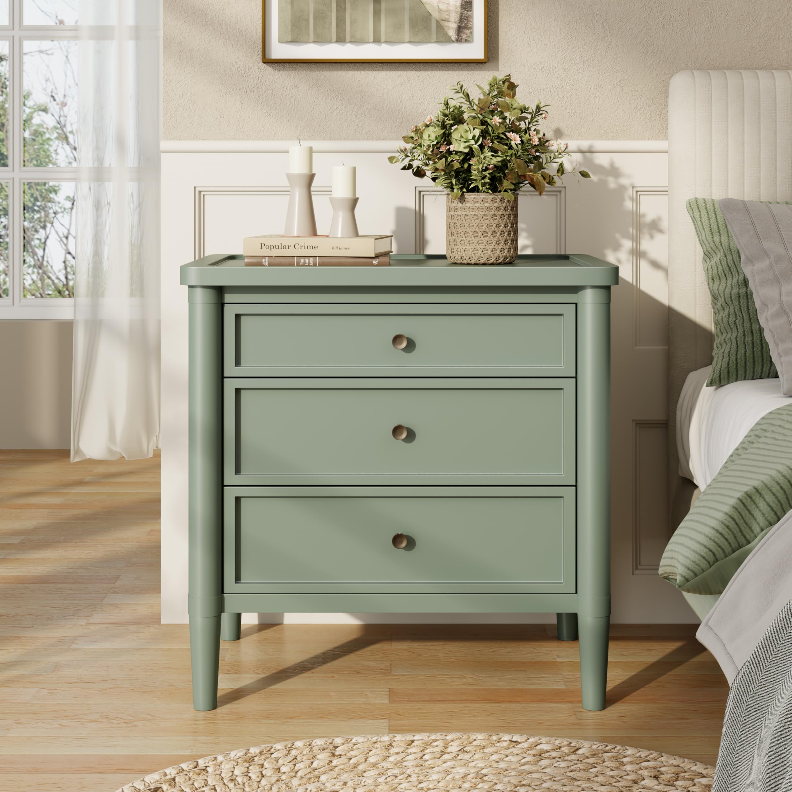 Christopher Knight Home Alyssa Modern Nightstand with Drawers, Wooden Small Night Stand, Bedside Table/End Table for Bedroom/Living Room, Multipurpose Storage Cabinet, Light Green