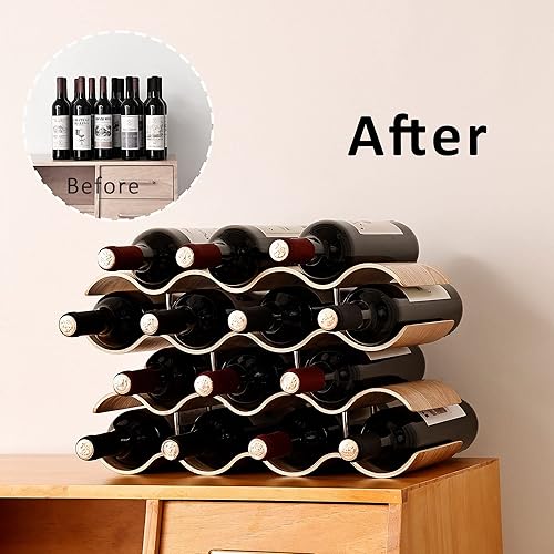 Vista 2 de Countertop Wine Rack - 14 Bottle Freestanding Wine Bottle Holder Stand - 4 Tier Wooden Wine Storage Rack - Wavy Wine Organizer for Cabinet Pantry