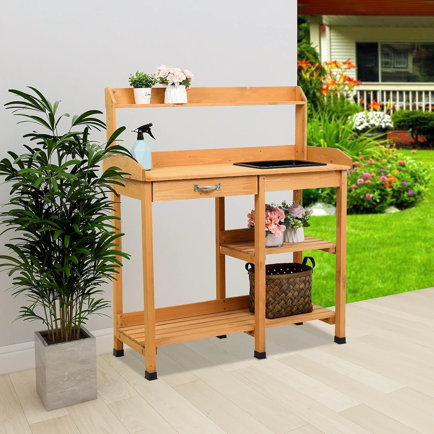 Outdoor Garden Potting Bench Table Wooden Work Station Natural Wood Workbench Backyard Workstation Patio Furniture Tabletop Removable Sink Drawer Rack Shelves with Open Storage Shelf and Hook