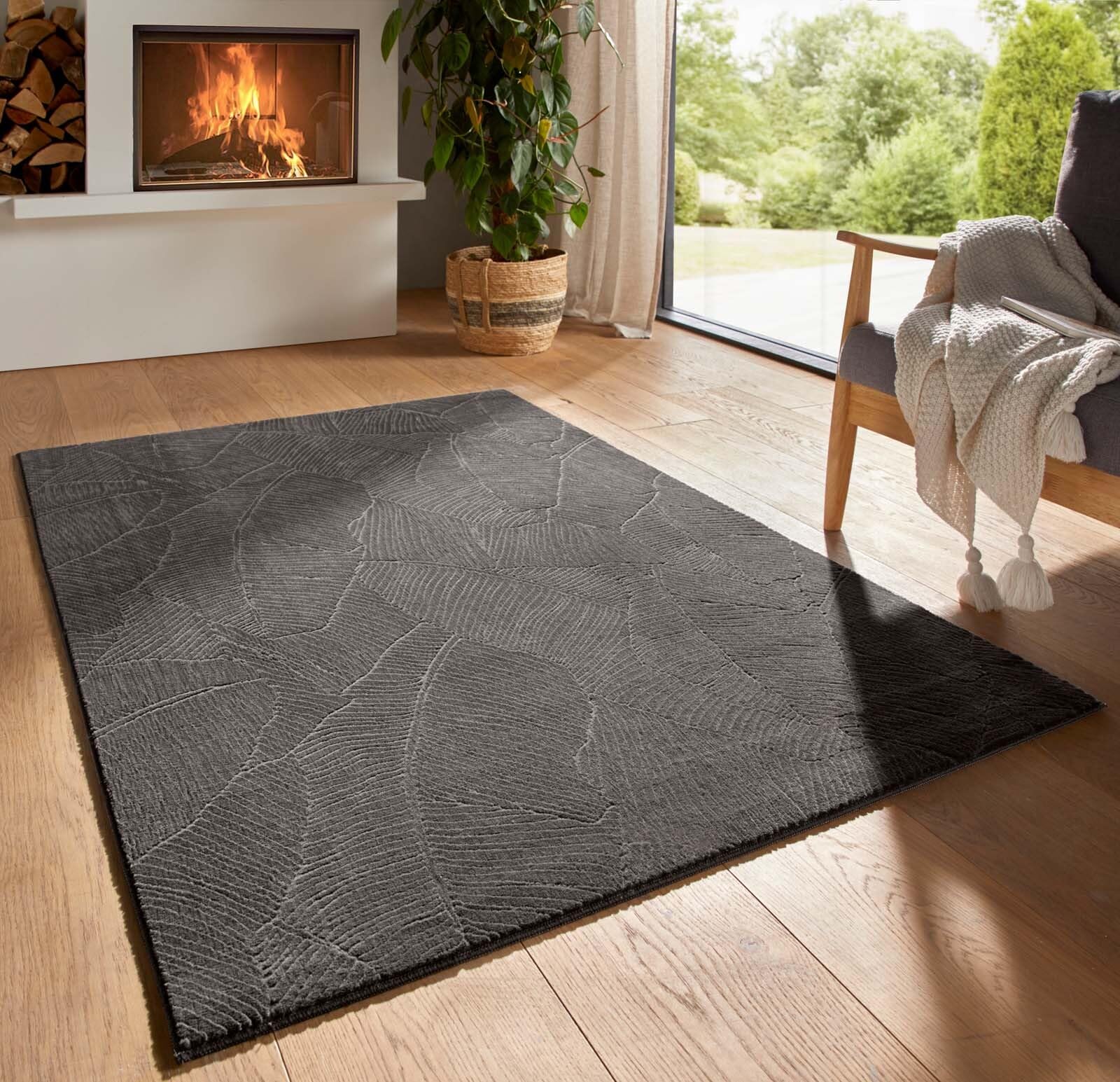 Taracarpet Kurzflor Boho Skandi Polyester Teppich in 3D Optik waschbar, pflegeleicht und robust ideal fürs Wohnzimmer, Schlafzimmer und Kinderzimmer auch als Badematte Anthrazit Blätter 120x170 cm