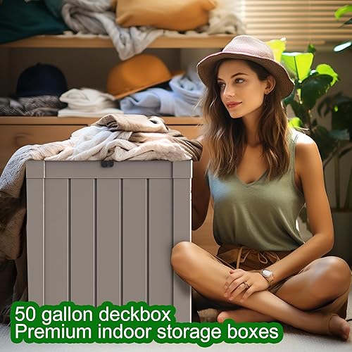 Miniatura 3 de KFY Caja de cubierta de 50 galones, material de resina para todo tipo de clima, caja de almacenamiento al aire libre, fácil de instalar y portátil,