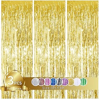 3Pcs Gold Metallic Tinsel Foil Fringe Curtains,3.28ft x 8.20ft Gold Photo Booth Backdrop Streamer Curtain,Photo Booth Props,Ideal Bachelorette Party Supplies, Birthday, Christmas,New Year Decorations
