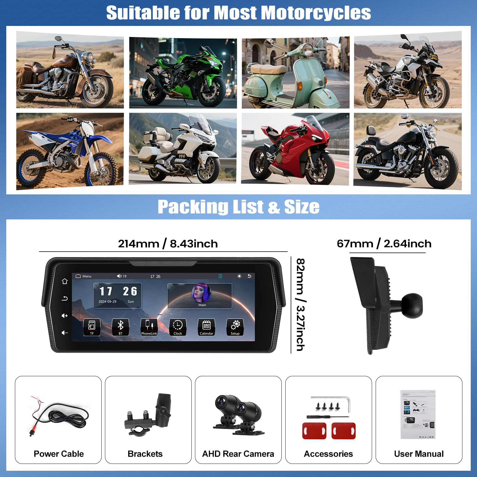 CAMECHO 2025 Moto Carplay con Dual-Kameras Wireless CarPlay y Android Auto Inalámbrico, Moto Pantalla 6.86" HD IP67 Impermeablepara Motocicletas con DVR/Bluetooth/EQ
