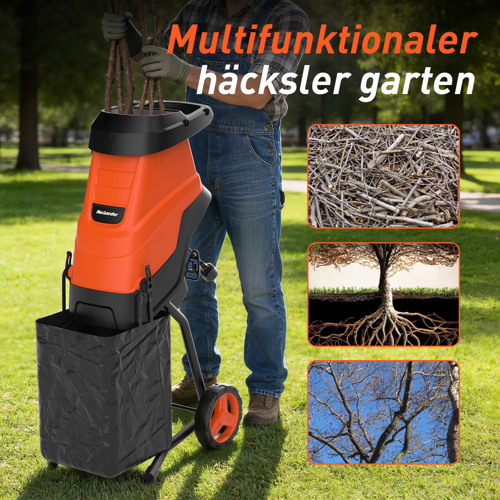 MAXLANDER 2600W Elektro Gartenhäcksler mit 45L Auffangbehälter, 45 mm Aststärke