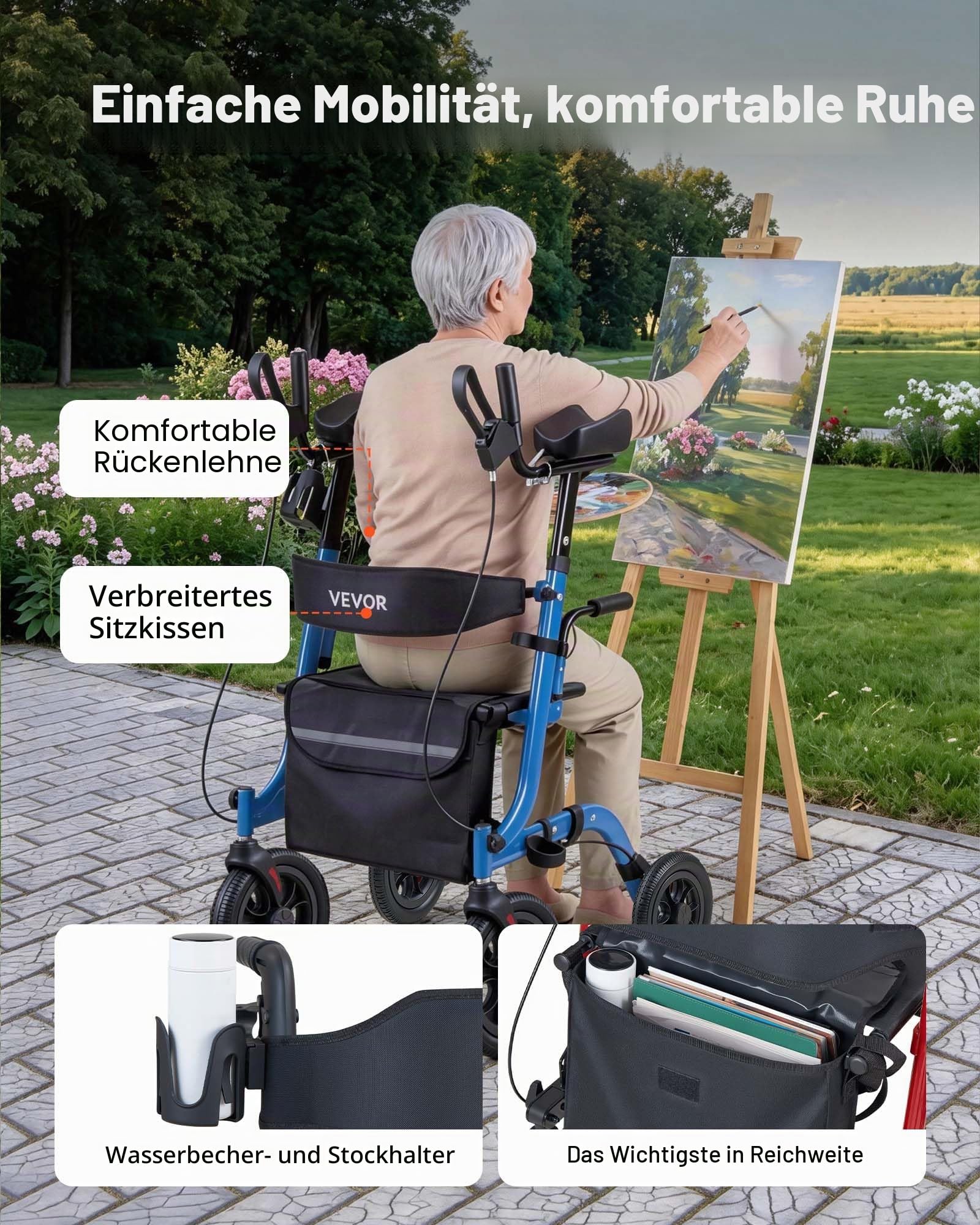 VEVOR Rollator Faltbar mit Sitz, Leichtgewicht Gehwagen mit 4 PU Reifen, Gehhilfe bis 136 kg mit Rückenlehne Tasche Gehstockhalter, Höheverstellbare Laufhilfe mit Feststellfunktion für Senioren, Blau